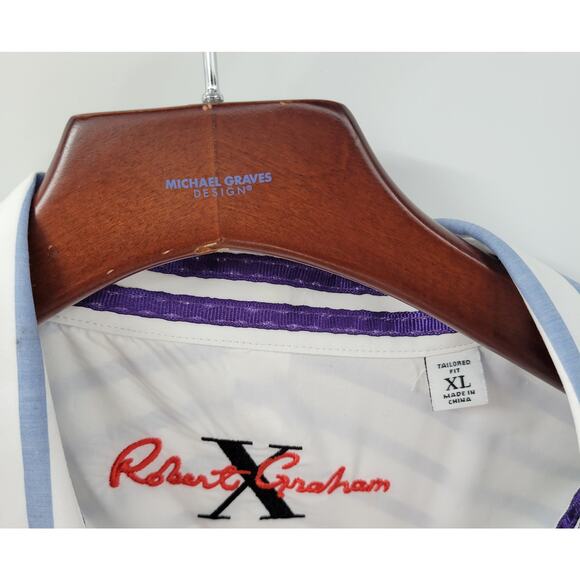 Robert Graham Mens Button Up Shirt XL White Blue Striped Geometric Flip Cuffs - Picture 12 of 16